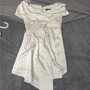 Lulu's Cream Asymmetrical Off-Shoulder Dress